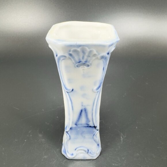 Antique 1920s German Porcelain Bud Vase Toothpick Holder Blue Sailing Boat VTG - Picture 10 of 13